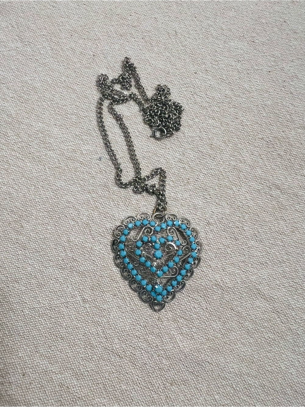 Vintage Silver Filigree Turquoise Heart Shaped Necklace